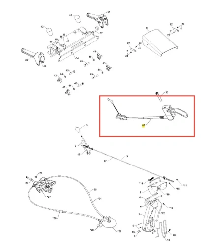 Przewód odśnieżarki ST 327P Husqvarna, w kolorze szarym, z ergonomiczną rączką, prostą konstrukcją. Zbliżenie na detal mocowania, widoczna dźwignia sterująca. Produkt prezentowany z boku, na jednolitym tle, co podkreśla jego funkcjonalność.