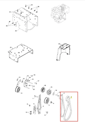 Pasek odśnieżarki ST 327P Husqvarna z elastycznego gumowego materiału, trwały, czarny, matowy z mocowaniami, na tle rysunku technicznego. Idealny do montażu w odśnieżarce.