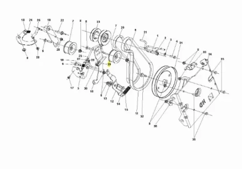 Rysunek techniczny prowadnika odśnieżarki ST 430 Husqvarna z rozłożonymi kołami, uchwytami i mocowaniami oznaczonymi numerami, na białym tle, bez tekstów i logo.