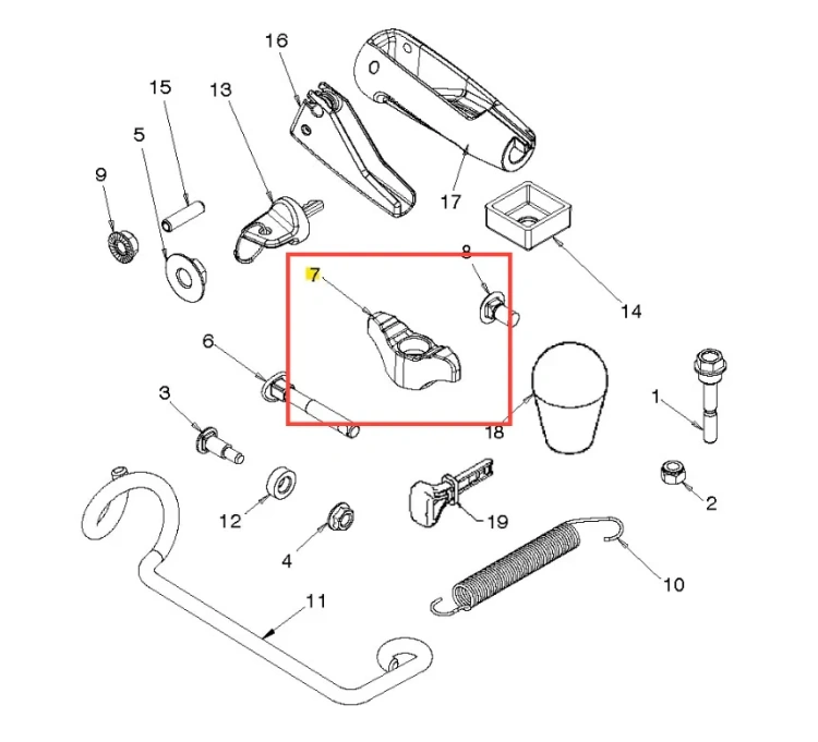 Uchwyt odśnieżarki ST 430 Husqvarna, mały, czarny element o ergonomicznym kształcie, widoczny z przodu, z miejscem na mocowanie. Wykonany z tworzywa sztucznego, występuje w zestawie z innymi komponentami. Dobrze widoczny na jasnym tle.