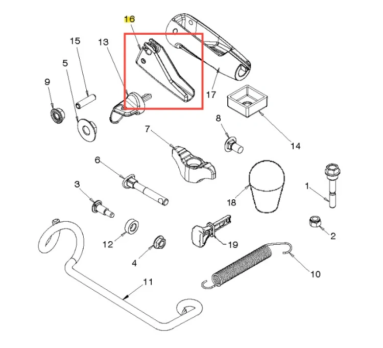 Dźwignia odśnieżarki ST 430 Husqvarna w kolorze szarym z metalowym wykończeniem, o opływowym kształcie, widoczna z boku. Element z zamocowaniami do montażu oraz otworem na śrubę. Przedstawiony w zestawie z innymi częściami, na prostym tle.
