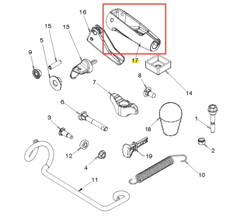Pokrętło odśnieżarki ST 430 Husqvarna w kolorze czarnym, o prostokątnym kształcie i błyszczącej powierzchni, widoczne z boku. Produkt posiada wyraźne oznaczenia oraz otwór do mocowania. Element montażowy w zestawie, ułożony na białym tle.