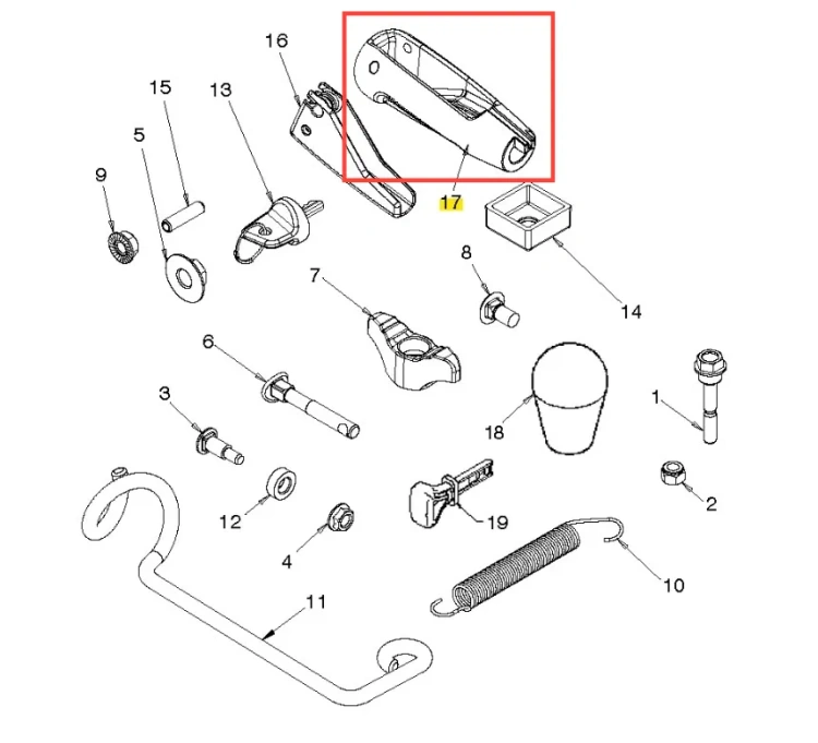 Pokrętło odśnieżarki ST 430 Husqvarna w kolorze czarnym, o prostokątnym kształcie i błyszczącej powierzchni, widoczne z boku. Produkt posiada wyraźne oznaczenia oraz otwór do mocowania. Element montażowy w zestawie, ułożony na białym tle.