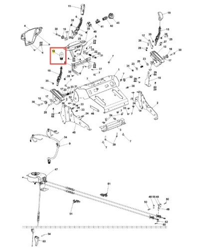 Fragment pokrętła odśnieżarki ST 430 Husqvarna. Element cylindryczny z wyraźnymi oznaczeniami. Umiejscowiony na schemacie z widocznością izometryczną. Dodatkowe detale montażowe wokół. Produkt zajmuje centralną pozycję w zestawie części.