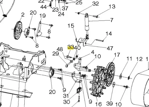 Metalowa żółta śruba odśnieżarki Husqvarna ST 427T, nr 3340, widoczna z boku na schemacie, do montażu i naprawy mechanizmu odśnieżarki.