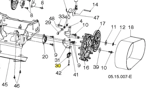 Schemat prowadnika odśnieżarki ST 427T Husqvarna z detalem mocowania oznaczonym żółtą markerą, złożonym z metalowych części, w tym kół zębatych, widok z boku.