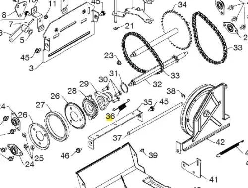 Sprężyna odśnieżarki ST 276EP Husqvarna, z metalowym wykończeniem, widoczna w złożeniu, z detalami mocowań. Element oznaczony numerem 36, umieszczony obok innych części mechanicznych. Na białym tle, kontekst to schemat montażowy.