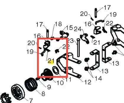 Zacisk odśnieżarki ST 276EP Husqvarna, widok z góry, przedstawia metalowy element w kształcie litery U. Zawiera zewnętrzne mocowania oraz wewnętrzny otwór. Część jest ułożona na białym tle, co podkreśla szczegóły konstrukcyjne.