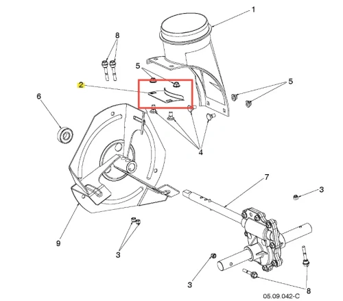 Wspornik odśnieżarki ST 230 Husqvarna, metalowy element w kształcie litery L, umieszczony na diagramie. Z widocznymi otworami montażowymi oraz śrubami. Element z boku, w kontekście zestawu części. Tło schematically, bez dekoracji.