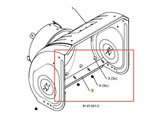 Prowadnica odśnieżarki ST 261E Husqvarna, z boku, ukazująca metalowy, szary materiał oraz otwory montażowe do śrub, prosty i funkcjonalny element sprzętu ogrodniczego.