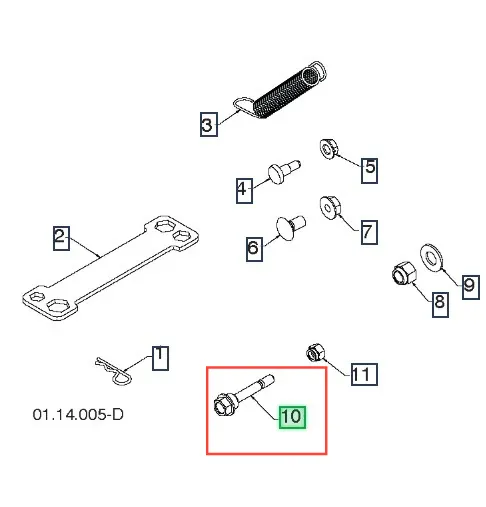 Śruba odśnieżarki ST 276EP Husqvarna, metaliczna, z gwintem na końcu. Widoczna z boku w opakowaniu części zamiennych, w otoczeniu pozostałych elementów montażowych. Na śrubie brak dodatkowych napisów lub logo.
