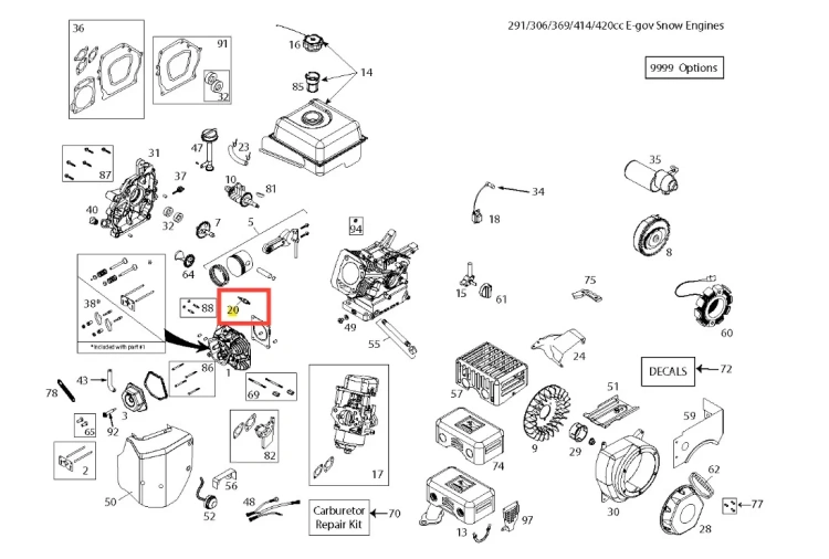 Świeca zapłonowa do odśnieżarki ST 424 Husqvarna, metalowa, o cylindrycznym kształcie, z czarną izolacją i widocznymi napisami. Zestawienie elementów w schemacie; wyróżniona na czerwono jako element nr 20.