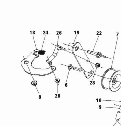 Szkic techniczny konika do odśnieżarki ST 430 Husqvarna, z widocznymi mocowaniami, napinaczami i numerami części. Elementy szare, zaokrąglone, widok z przodu, do analizy budowy i montażu.