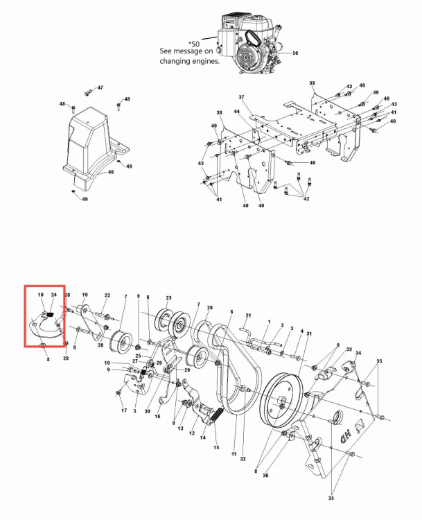 Zbliżenie na konik odśnieżarki ST 430 Husqvarna w kolorze czarnym. Widoczny element metalowy z zamontowanym silnikiem, dodatkowe mocowania oraz oznaczenia numerów. Tło proste, białe. Akcesoria montażowe szczegółowo opisane w schemacie.