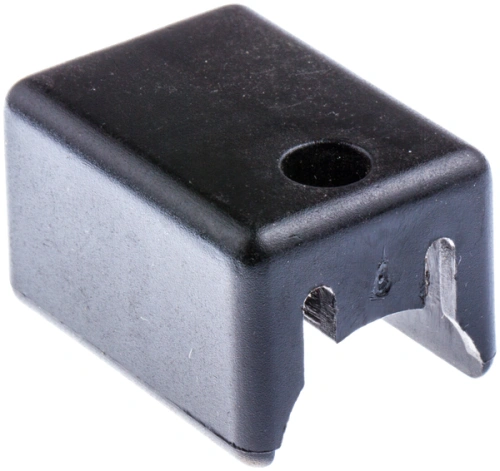 Wspornik kosiarki LC 351V Husqvarna w kolorze czarnym, prostokątny, wykonany z plastiku, widok z boku. Produkt ma jedno okrągłe wycięcie oraz dwa wcięcia na bokach. Idealny do stabilizacji kosiarki w trakcie pracy.