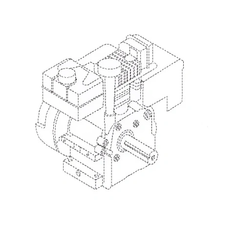 Silnik odśnieżarki Husqvarna ST 224, widok boczny. Widać cylinder, tłok, wałek oraz metalową, prostokątną obudowę z osłoną. Brak dodatkowych oznaczeń i akcesoriów.
