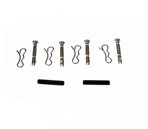 Zestaw do odśnieżarki ST 124 Husqvarna: 6 metalowych bolców, 2 sprężynowe zaciski i 2 czarne bloki, ułożone na białym tle z widocznymi detalami.