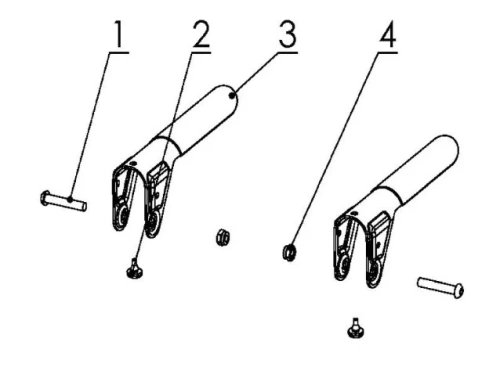 Zestaw montażowy do odśnieżarki ST 124 Husqvarna: ergonomiczny uchwyt z tworzywa oraz dwie śruby mocujące. Rysunek pokazuje elementy i ich numery.