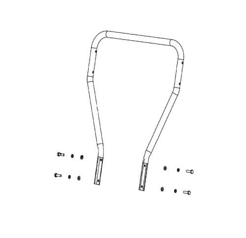 Stojak do odśnieżarki ST 124 Husqvarna w kolorze srebrnym, z widocznymi mocowaniami. Ujęcie z przodu, stojący. Obok zestaw śrub i nakrętek montażowych. Produkt z materiału metalowego, prostokątne cienkościenne elementy w formie rury.
