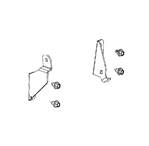 Zestaw mocowania zawiera dwie metalowe uchwyty z otworami montażowymi oraz cztery śruby. Uchwyty mają kształt prostokątnych blach i są umieszczone obok siebie na białym tle, co ułatwia ich identyfikację i prezentację.