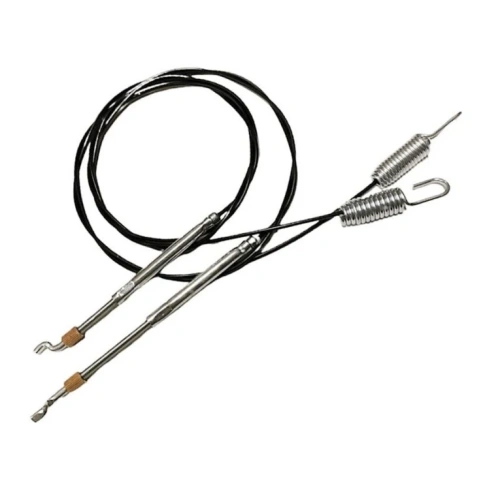 Zestaw serwisowy odśnieżarki ST 124 Husqvarna zawiera dwa stalowe linki z wiosłami, przymocowane do czarnych przewodów. Elementy są połyskujące, a ich długość i kształt sugerują zastosowanie w mechanizmie odśnieżarki.