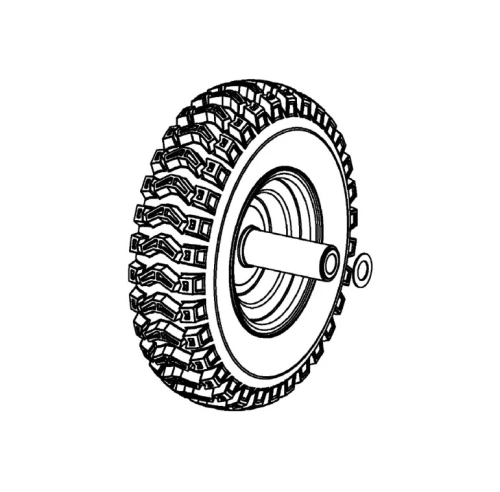 Koło odśnieżarki ST 124 Husqvarna, widoczne z boku, z bieżnikiem o głębokich rowkach. Struktura otnosi się do gumy, w kolorze czarnym, z metalowym osią na środku. Detale podkreślają przeznaczenie do efektywnej pracy w warunkach zimowych.