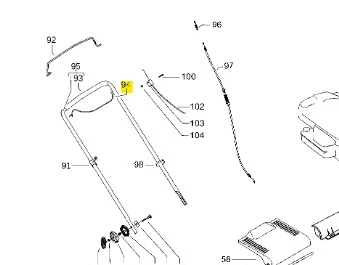 Pętla kosiarki LC 146S Husqvarna w widoku z boku. Przewód elektryczny w kolorze czarnym, z lekkim połyskiem, o precyzyjnym kształcie. Element oznaczony żółtą etykietą, otoczony innymi częściami kosiarki. Produkt przedstawiony na prostym tle.