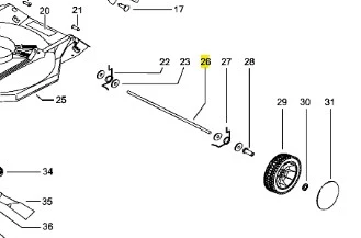 Trzonek kosiarki LB 146 Husqvarna, metalowy element w kolorze srebrnym, widoczny w schemacie montażowym. W pozycji poziomej, z wyraźnymi oznaczeniami, ukazuje detale mocowań oraz współdziałających części.