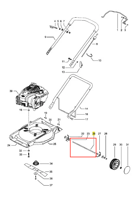 Trzonek kosiarki LB 146 Husqvarna. Metalowy element o prostokątnym kształcie, w kolorze szarym. Widoczny z boku, przedstawiony w detalach, z dwiema końcówkami mocującymi. Precyzyjnie wykonany, idealny do zamontowania w kosiarkach.