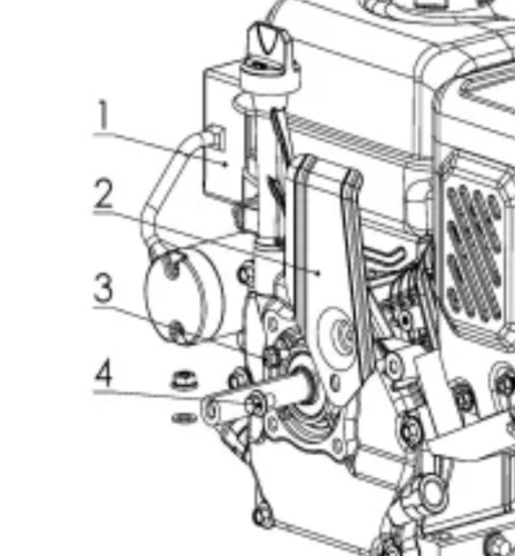 Zestaw serwisowy odśnieżarki ST 124 Husqvarna zawiera elementy mechaniczne: silnik, wał, śrubki oraz inne akcesoria. Widok z boku prezentuje detale montażu. Tło rysunku jest neutralne, co podkreśla kształty i układ części.