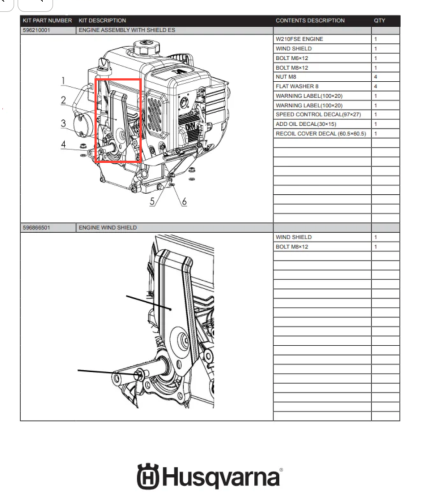 Zestaw serwisowy odśnieżarki ST 124 Husqvarna obejmuje osłonę silnika, bolty M6x12 i M8 oraz etykiety ostrzegawcze. Widoczny fragment ukazuje osłonę silnika w pozycji montażowej z wyraźnymi detalami konstrukcyjnymi. Tło proste, białe.