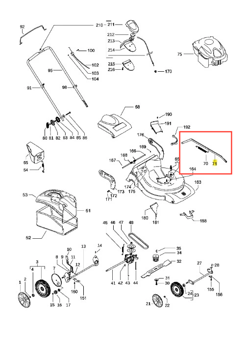 Drążek kosiarki LC 351V Husqvarna, metalowy, lekko zakrzywiony, pokazany w ujęciu z boku. Element jest w kolorze ciemnoszarym. Występuje w kontekście części zamiennych na tle technicznym, z innymi komponentami maszyny w zasięgu widzenia.