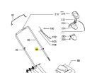Zacisk kosiarki LC 351V Husqvarna w formie rozbitego schematu. Przedstawiony z boku z widocznymi elementami mocującymi. Metalowy, w kolorze szarym, składający się z różnych części, w tym uchwytów i śrub. Ułożony poziomo na jasnym tle.