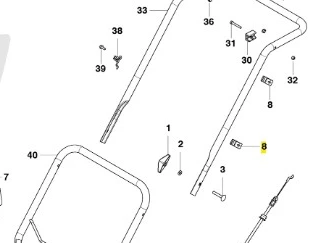 Uchwyt przewodu kosiarki LB 146 Husqvarna, metalowa konstrukcja w kolorze srebrnym, z elementami mocującymi. Frontalne ujęcie ukazuje szczegóły montażowe oraz numerację części. Produkt widoczny na jasnym tle, zapewniającym kontrast.