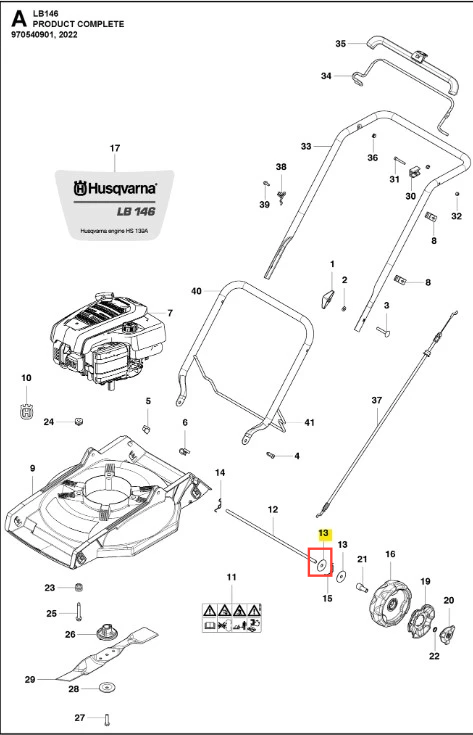 Szara metalowa podkładka kosiarki Husqvarna LB 146 z widocznym logo i numerem modelu, leżąca na płaskiej powierzchni, widok z góry, bez dodatkowych elementów.