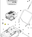 Izolator kosiarki LB 146 Husqvarna, widok z góry, ukazujący szczegóły konstrukcyjne. Produkt ma ciemnoszary kolor, z wyraźnie widocznym logo Husqvarna. W składzie elementy montujące oraz komora silnika, w rozłożonym stanie, na białym tle.