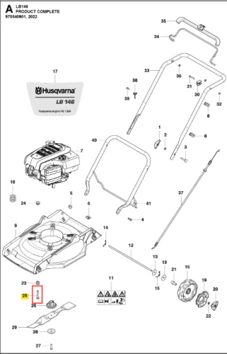 Śruba do kosiarki LB 146 Husqvarna, metalowa z gwintem i zaokrągloną główką, srebrna, na białym tle w zbliżeniu, podkreślająca detale konstrukcyjne. Kluczowy element mechanizmu kosiarki.