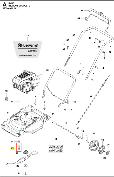 Śruba do kosiarki LB 146 Husqvarna, metalowa z gwintem i zaokrągloną główką, srebrna, na białym tle w zbliżeniu, podkreślająca detale konstrukcyjne. Kluczowy element mechanizmu kosiarki.