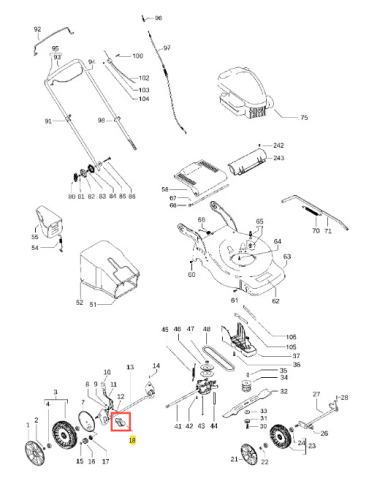 Podpórka kosiarki LC 146S Husqvarna z widocznym detalem zamontowania. Element metalowy w kształcie okrągłym, matowy, umieszczony z boku schematu. Obok widoczne inne części kosiarki, całość na jednolitym tle.