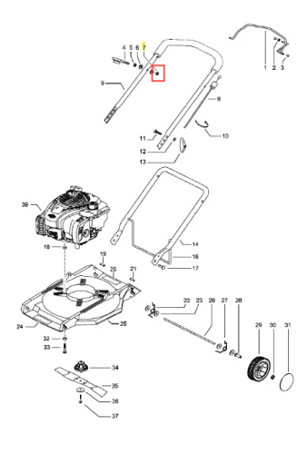Nakrętka do kosiarki LB 146 Husqvarna, metalowa, o okrągłym kształcie, widoczna z góry. Element ustalający, znajdujący się na schemacie montażowym kosiarki. Na tle białego schematu części, wyraźnie oznaczona.