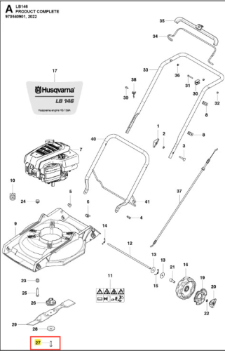 Śruba kosiarki LB 146 Husqvarna, metalowa, prostokątna, z białym wgłębieniem na końcu. Ujęcie z boku, w pozycji leżącej. Wisząc na kijach, w prostej aranżacji rysunku technicznego. Logo Husqvarna i oznaczenie modelu są wyraźne.