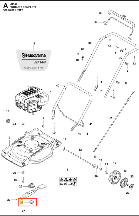 Podkładka kosiarki Husqvarna LB 146 w kolorze srebrnym, wykonana z metalu, z okrągłym kształtem. Zbiornik z emblematem Husqvarna. Widok z boku, ukazujący detale konstrukcyjne. Produkt w nowym stanie, bez dodatkowych akcesoriów. Tło białe.