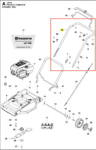 Uchwyt kosiarki LB 146 Husqvarna w kolorze szarym, wykonany z metalu, o prostokątnym kształcie. Ujęcie frontalne, pokazujące uchwyt w pozycji stojącej. Widoczne oznaczenie Husqvarna LB 146. Tło białe.