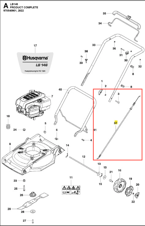 Metalowy, smukły przewód kosiarki Husqvarna LB 146, wys. 37, po prawej stronie schematu, z mocowaniem i łącznikami, żółty numer części, na białym tle.