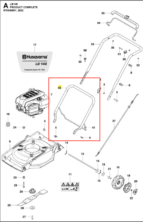 Uchwyt kosiarki LB 146 Husqvarna w kształcie prostokąta, z profilu metalowego, w kolorze srebrnym. Widoczny z boku, ukazujący konstrukcję i profil. Element montażowy do kosiarki, bez dodatkowych akcesoriów. Przygotowany do mocowania.