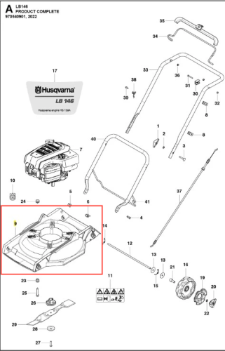 Urządzenie tnące kosiarki Husqvarna LB 146, widok z góry. Element w kolorze ciemnoszarym z gładką powierzchnią i zaokrąglonymi krawędziami. Zawiera centralne mocowanie i cztery otwory na śruby, logo Husqvarna w lewym górnym rogu.