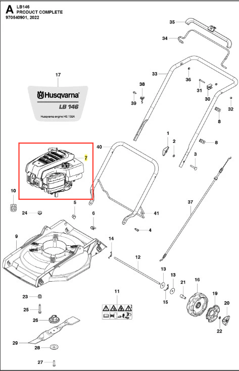 Silnik HS 139A do kosiarki LB 146 Husqvarna, umieszczony w centralnej części schematu. Widoczny z boku, z detalami konstrukcyjnymi. Charakteryzuje się prostokątnym kształtem, metalową obudową oraz wyraźnym logo Husqvarna.