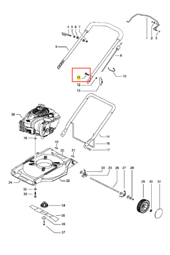 Śruba kosiarki LB 146 Husqvarna, wykonana z metalu, z typowym gwintem. Prezentowana w ujęciu z boku, umieszczona na białym tle. Widoczne detale obejmują wyraźne oznaczenie typu oraz miejsce mocowania.