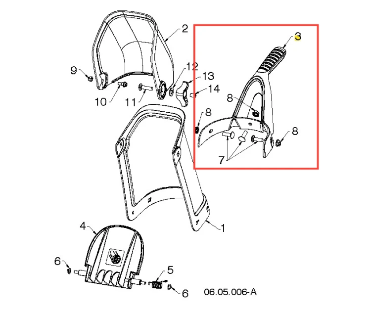 Uchwyt odśnieżarki ST 131 Husqvarna, czarny plastik, ergonomiczny, z lokatorem, wzmocnieniem do montażu oraz widocznymi otworami mocującymi i detalami konstrukcyjnymi.