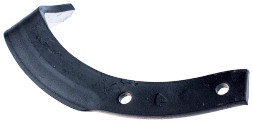 Ząb kultywatora TR 530 Husqvarna w kolorze czarnym, wykonany z metalu, z lekko zaokrąglonym kształtem. Ujęcie z boku, wizualizujące dwa otwory montażowe. Powierzchnia matowa, z widocznymi śladami użytkowania. Produkt leży na jednolitym tle.